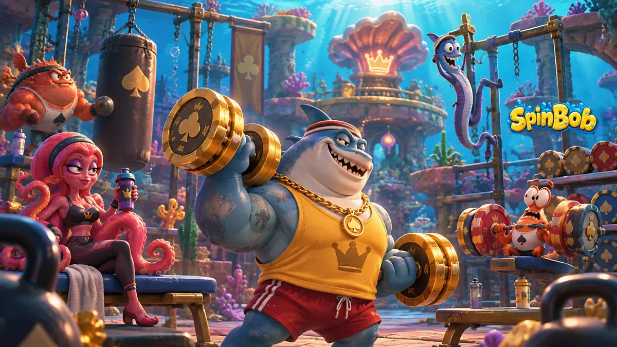 Spinbob VIP gym scene with a shark lifting golden chip dumbbells